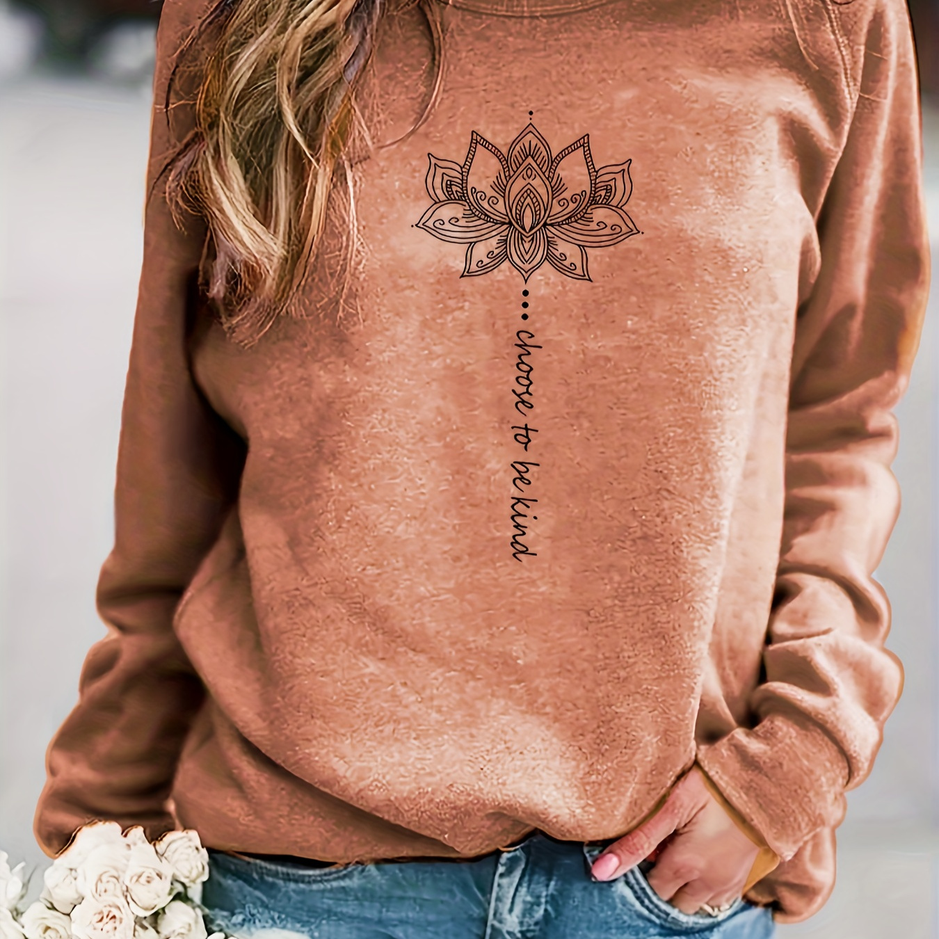 

Lotus Print Crew Neck Sweatshirt, Casual Raglan Long Sleeve Sweatshirt, Women's Clothing