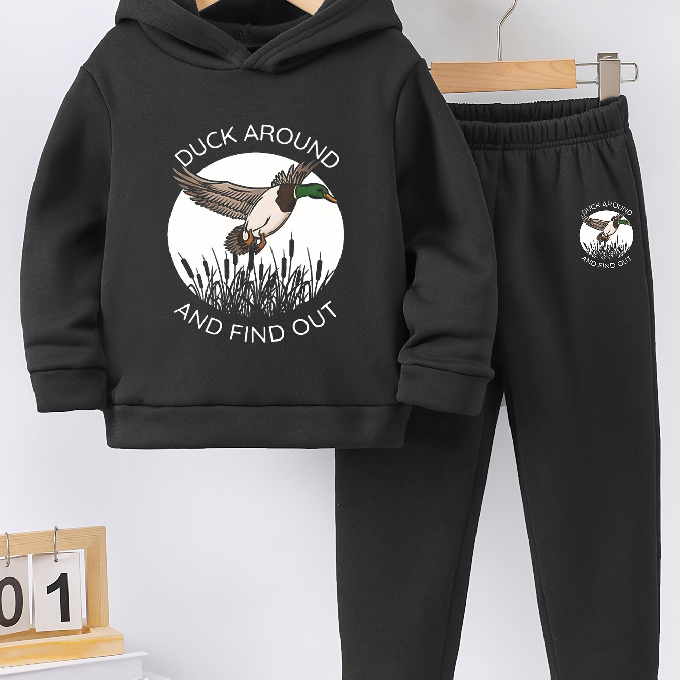 

Duck Around And Find Out Graphic Print, Boy's 2pcs Fashion Set, Round Neck Pullover Hoodies & Comfy Sweatpants, Ideal For Daily And Outdoor Wear, Autumn And Winter Outfits