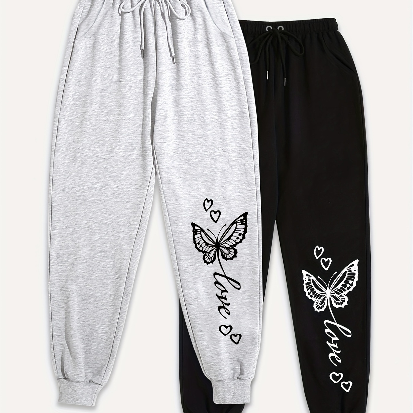 

2 Pieces Butterfly Print Sweatpants, Casual Drawstring Jogger Pants For Spring & Fall, Women's Clothing