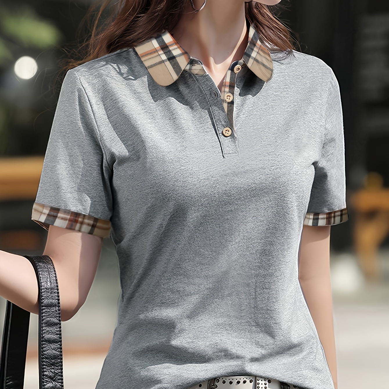 

Button Front Contrast Trim Collared T-shirt, Versatile Short Sleeve T-shirt For Spring & Summer, Women's Clothing