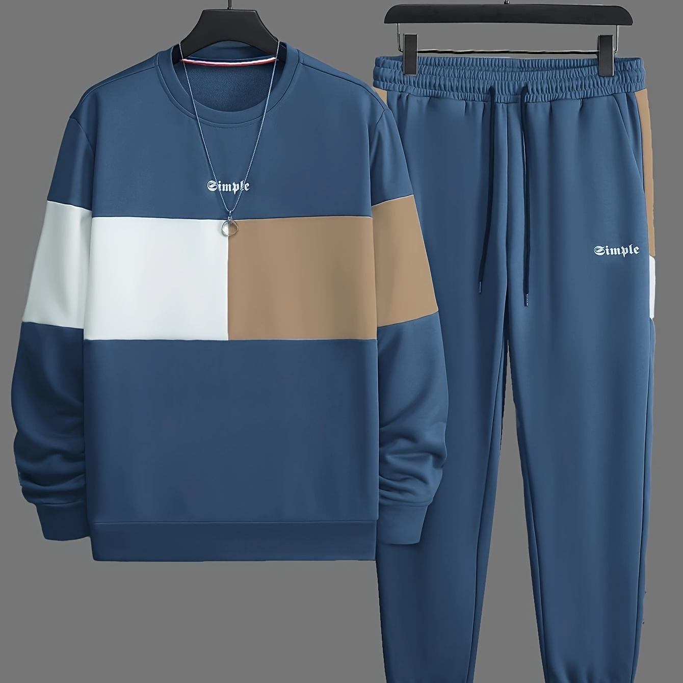 

Plus Size Men's "simple" Print Sweatshirt & Sweatpants Set For Autumn/spring, Contrast Color Thin 2pcs Outfits For Sports/outdoor, Men's Clothing