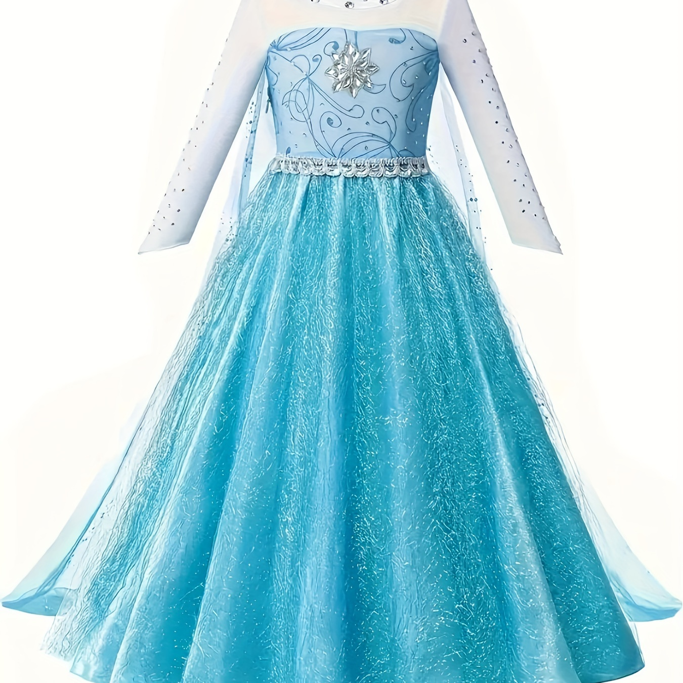 

Girls Stunning Princess Dress Up Clothing, Long Sleeve Spliced Rhinestone Snowflake Decor Blue & White Mesh Dress With Cape For Performance