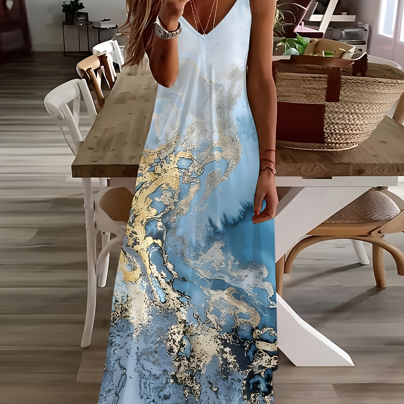 

Marble Print V-neck Cami Dress, Vacation Spaghetti Strap Sleeveless Dress, Women's Clothing