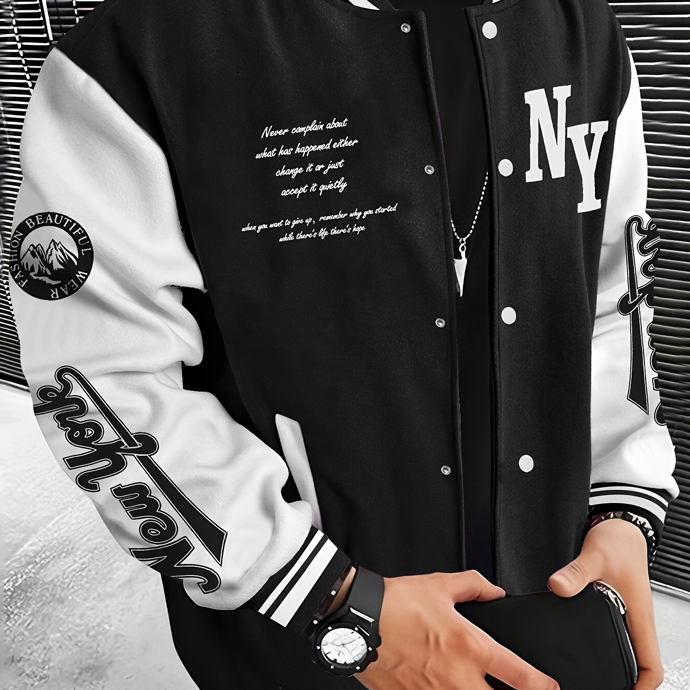 

Men's Color Block Varsity Jacket, Casual Bomber Jacket With Striped Trim & Letter Embroidered Design, Comfortable Fit Outerwear