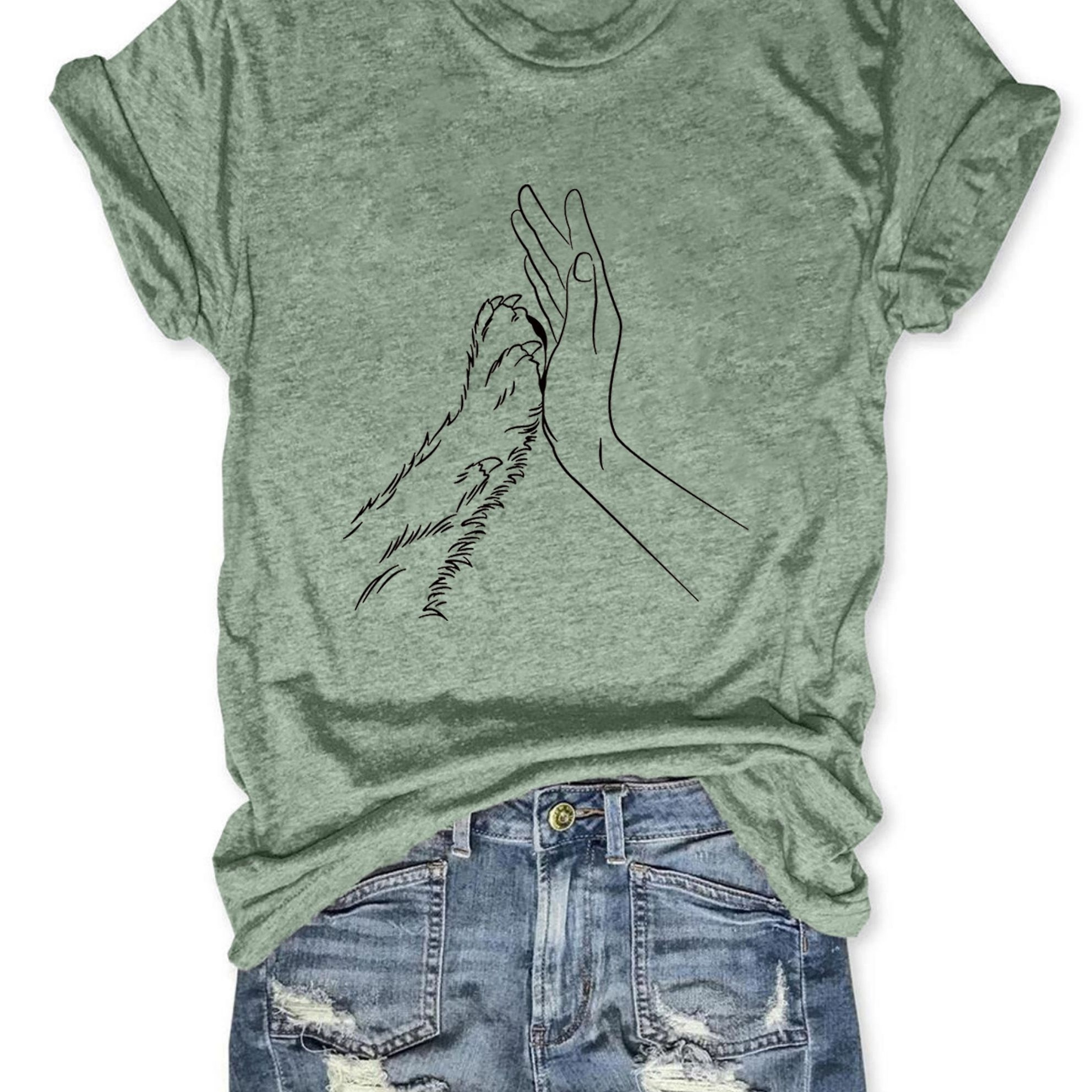 

Paw Hand Print T-shirt, Short Sleeve Crew Neck Casual Top For Summer & Spring, Women's Clothing