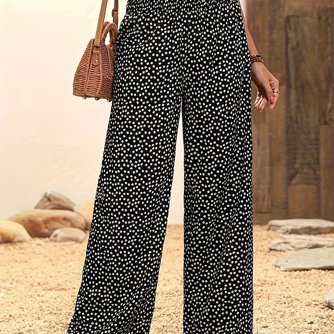 

Print Wide Leg Pants, Casual Waist Loose Pants For , Women's Clothing, Direct Opening, Crease, High Waist