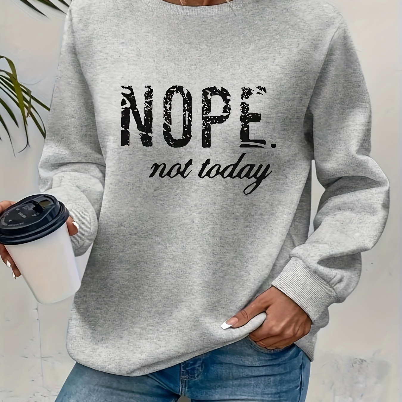 

Nope Print Pullover Sweatshirt, Casual Long Sleeve Crew Neck Sweatshirt For Fall & Winter, Women's Clothing