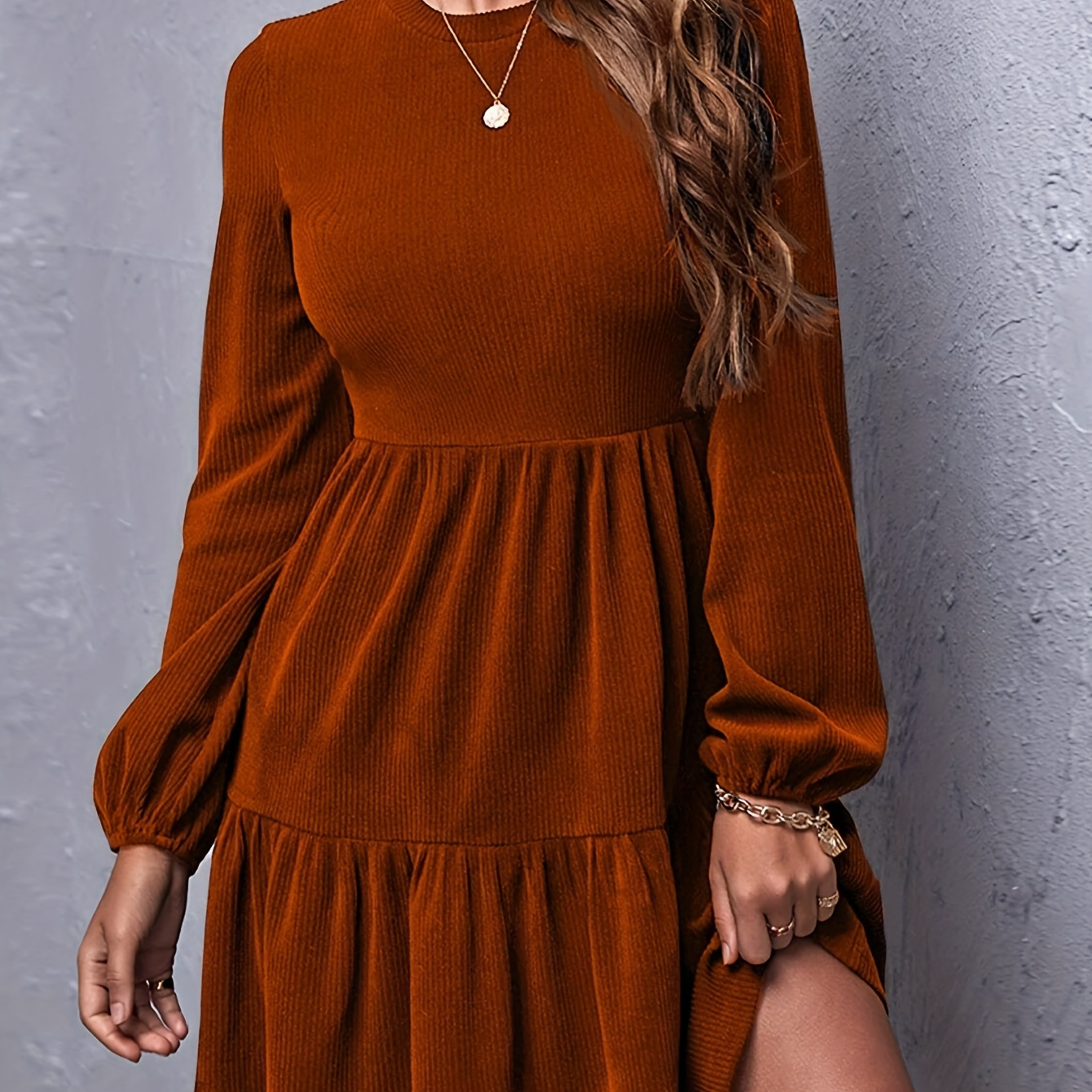 

's Dress - Ribbed Knit Long Sleeve With Hem, Round Neck, Machine Washable, Spring & Fall