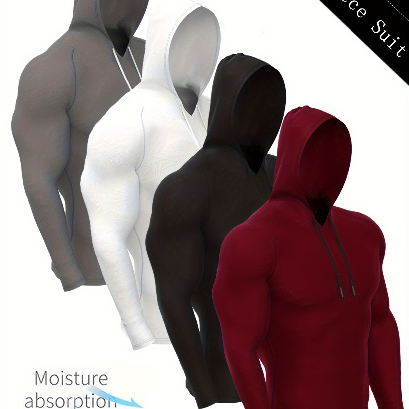 

4pcs Men's Athletic Slim-fit Long-sleeve Hooded Sweatshirt - Moisture-wicking Performance Hoodie For Workouts And Casual Wear