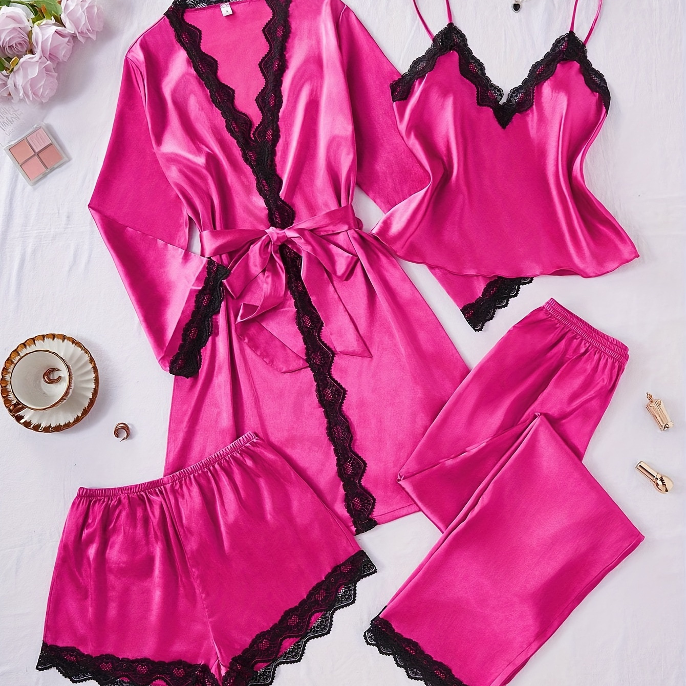 

Qyr Middle Special Women' Color Lace Splicing Strap + Shorts + Pants + Pajama Four-piece Set