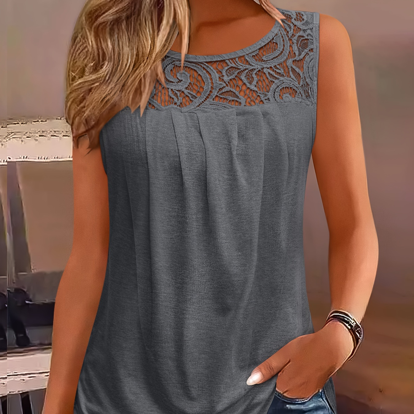 

Development European And American Women's Plain Color Lace Splicing Chest Wrinkle Round Neck Sleeveless Summer Casual Sexy Vest