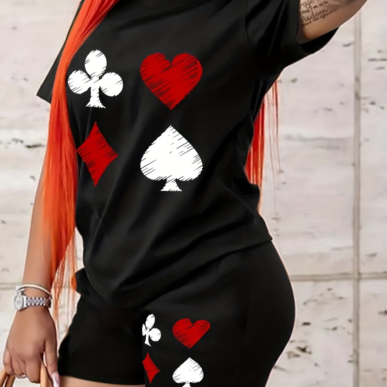 

Poker Print Two-piece Outfits, Short Sleeve Crew Neck Casual T-shirt & Yoga Workout Shorts Set, Women's Clothing