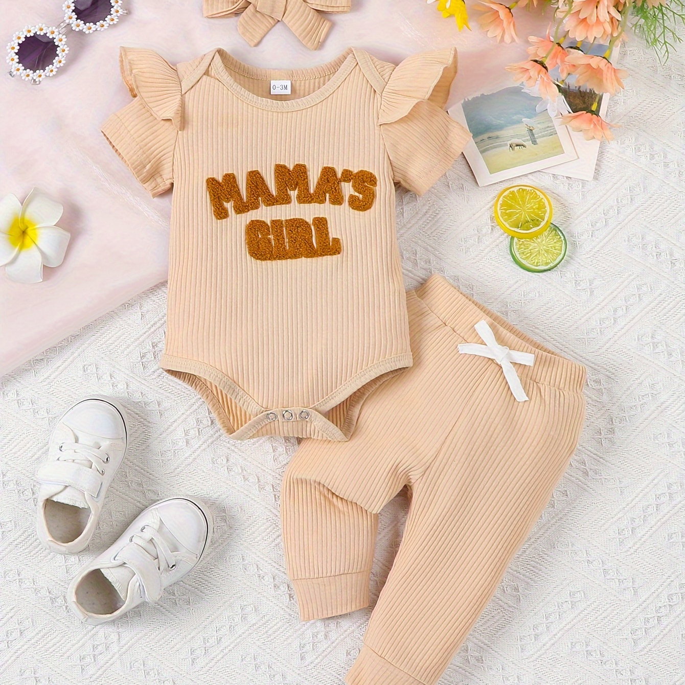 

2pcs Infant's Mama's Girl Embroidered Ribbed Set, Short Sleeve Onesie & Pants, Baby Girl's Clothes