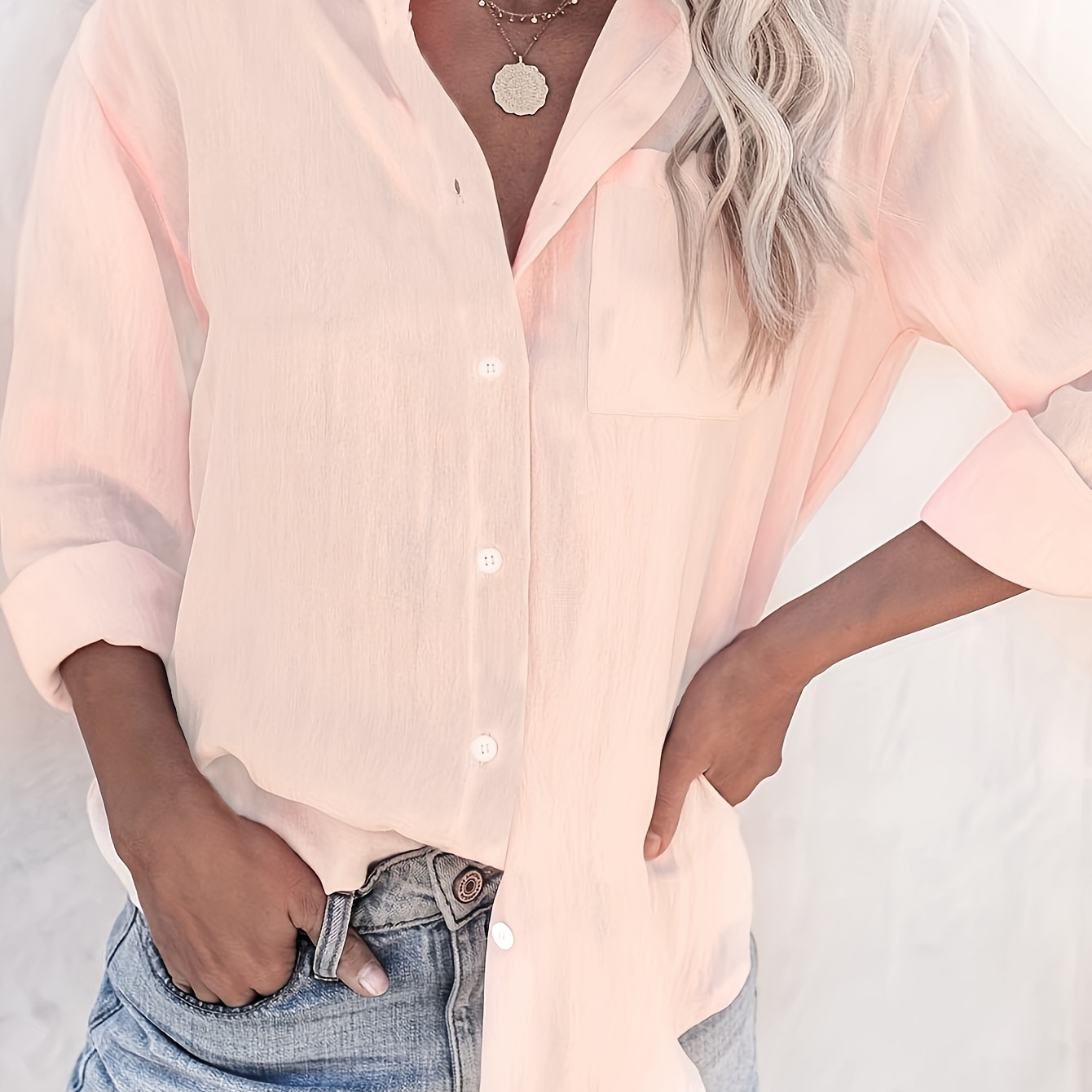 

Solid Polo Collar Button Shirt, Casual Pocket Long Sleeve Shirt For Spring & Fall, Women's Clothing