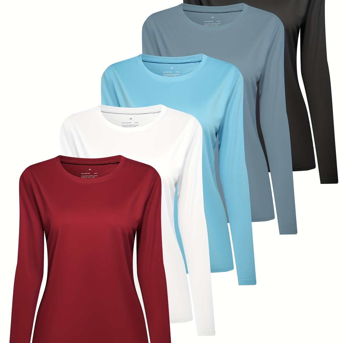 

5-pack Hoplynn Women's Long Sleeve Crew Neck T-shirts - Breathable Quick Tops For Fitness, Tennis, Basketball, Outdoor Workout - Solid Color, Non-stretch Knit Polyester, 140gsm