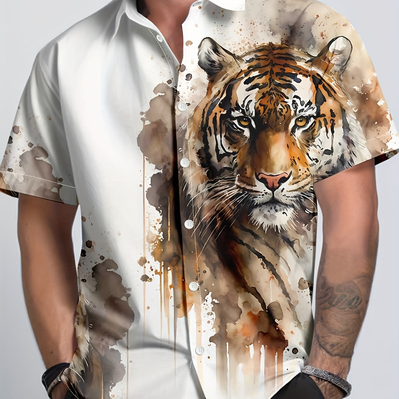 

Plus Size Men's Casual Shirt With 3d Tiger Print, Party & Leisure Style