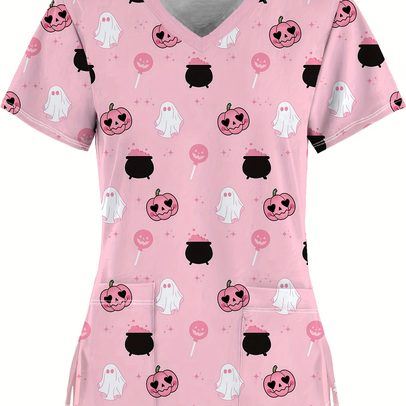 

Pumpkin Print V-neck Scrub Top, Comfortable & Care Uniform Top, Working In Hospitals & Dental Office, Women's Work Clothing