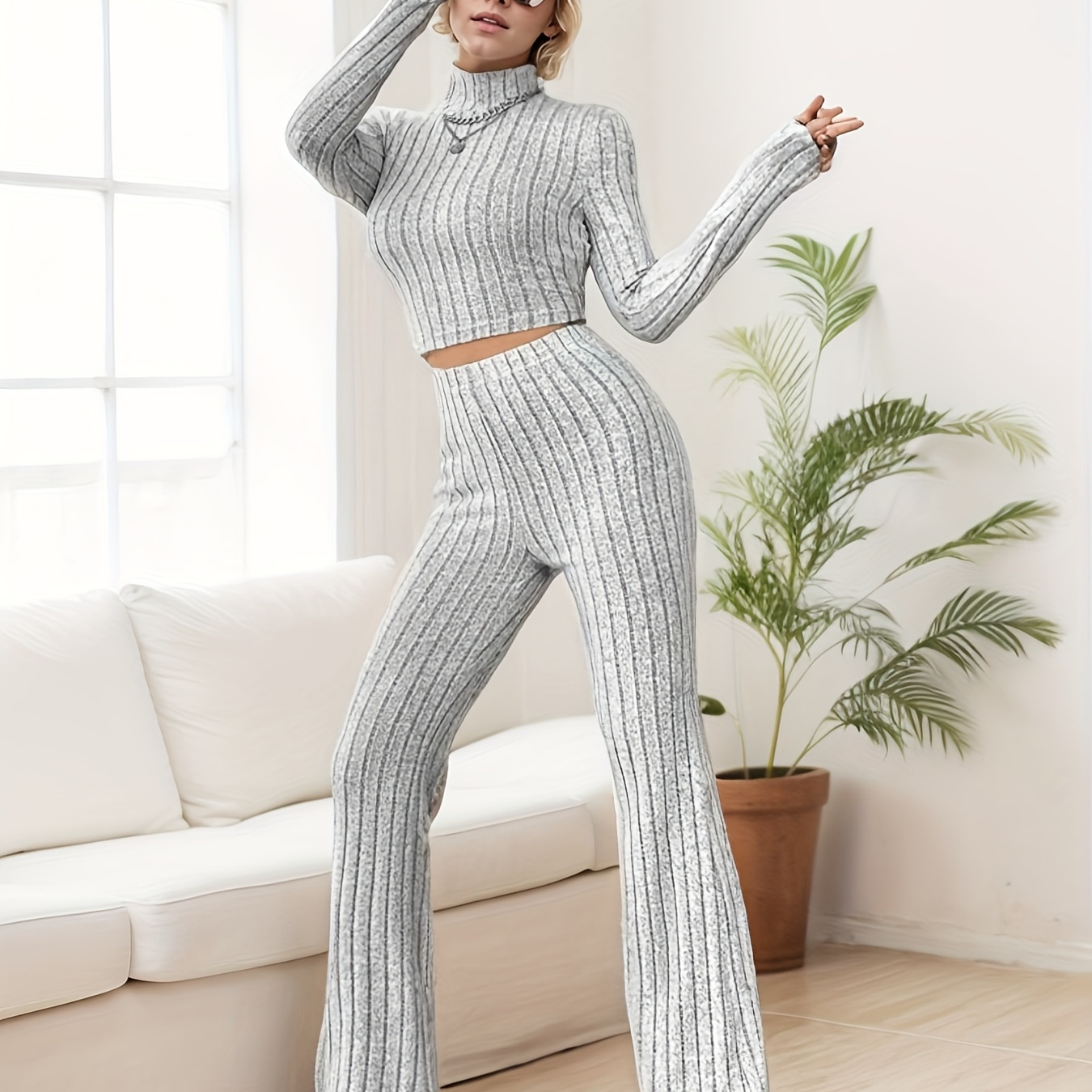 

1 Set Elegant High Neck Polyester Knit Sweater And Pants Suit For Women, Solid Color, Spring/fall Fashion