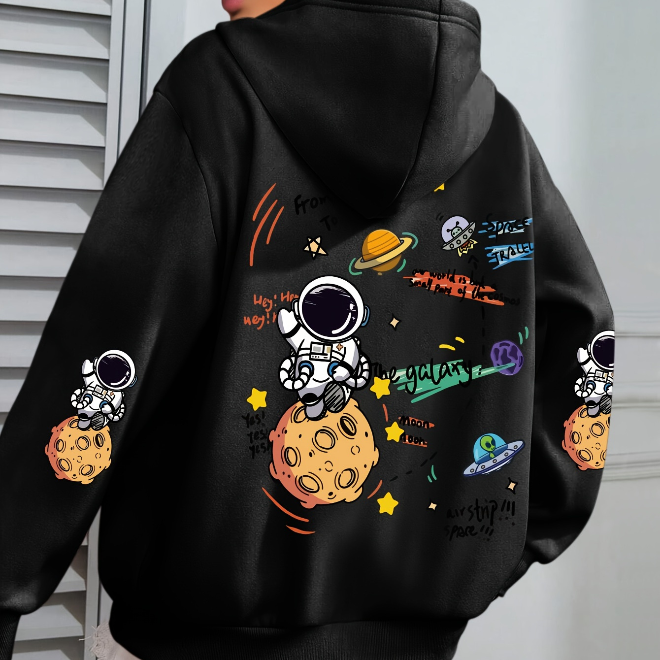 

Women's Plus Size Space Hoodie - Cozy Polyester Hooded Sweatshirt With Pocket, Casual Long Sleeve Pullover, Stretch Knit Fabric, 250gsm, Fall/winter Collection With Astronaut And Paw