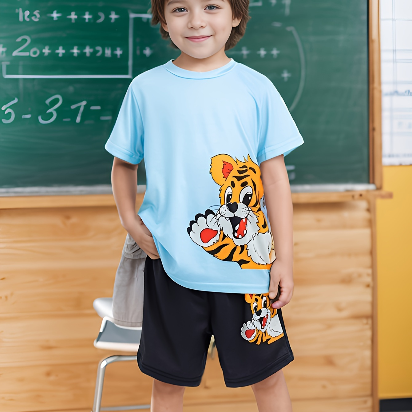 

2pcs Boys Casual Cartoon Tiger Graphic Print Short Sleeve T-shirt & Shorts Set, Comfy Summer Boys Clothes