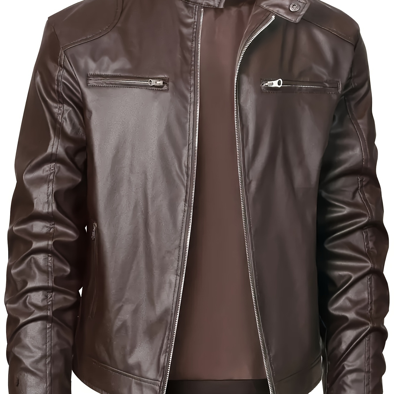 

Chic Pu Leather Jacket, Men's Casual Solid Color Zip Up Thin Jacket For Spring Fall