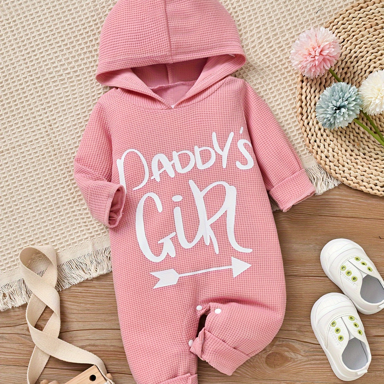 

Baby's "daddy's Girl" Print Casual Hooded Bodysuit, Waffle Textured Long Sleeve Romper, Toddler & Infant Girl's Onesie For Spring Fall Everyday Wear