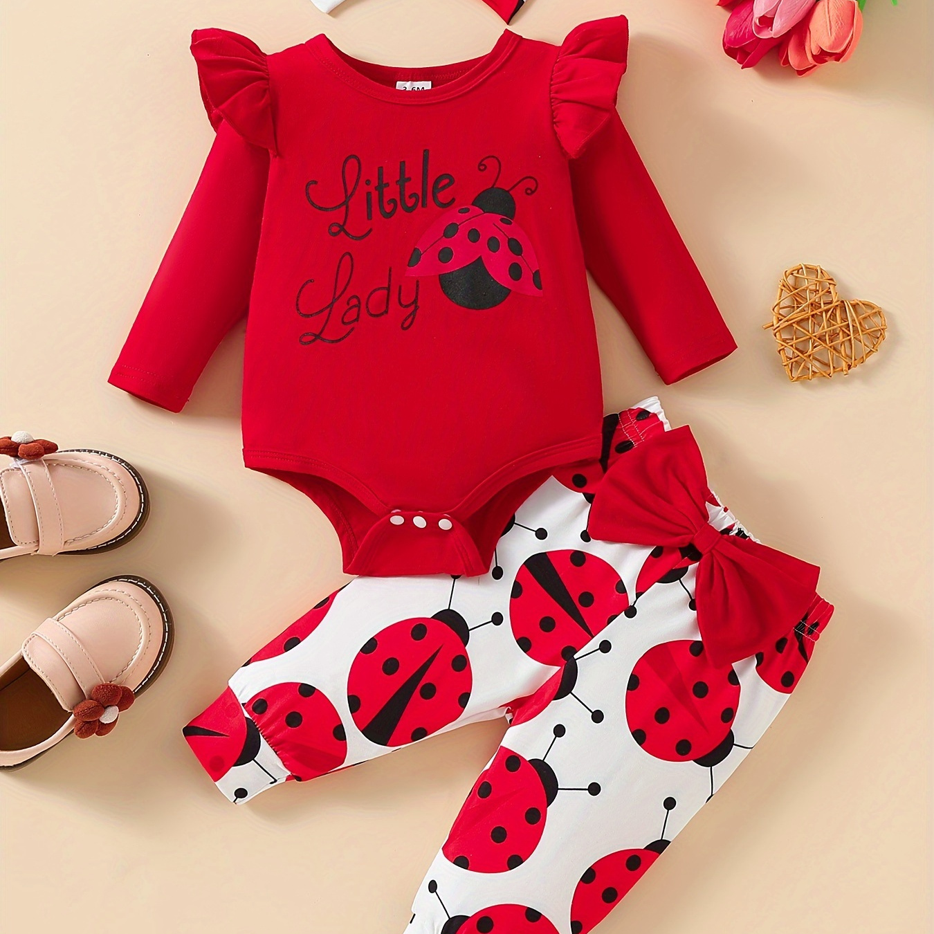 

2pcs Baby's Littel Lady Print Bodysuit + Bowknot Cartoon Ladybug Pattern Casual Pants, Toddler & Infant Girl's Clothing Set For Spring Fall