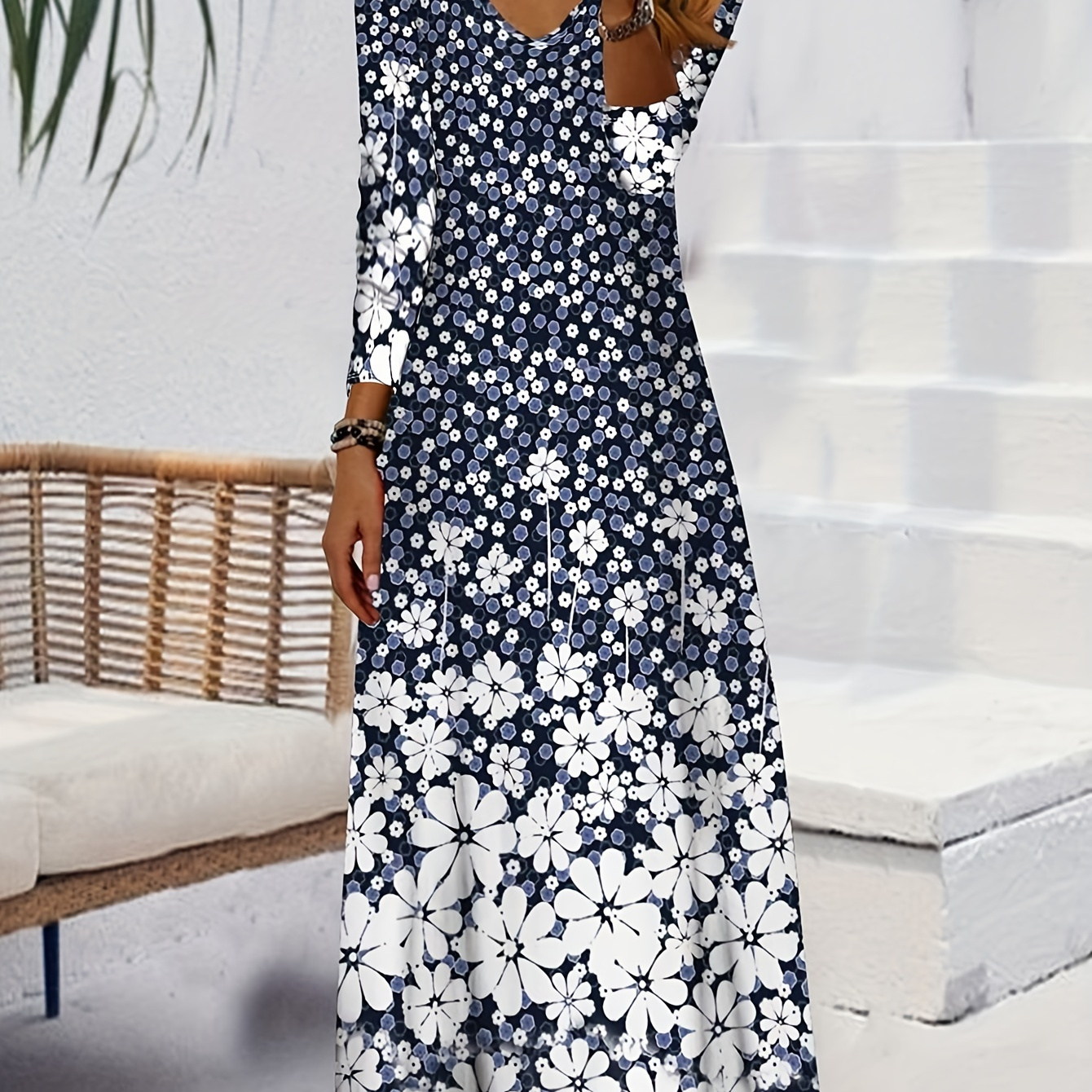 

Floral Print V-neck Dress, Elegant Long Sleeve Maxi Dress For Spring & Fall, Women's Clothing
