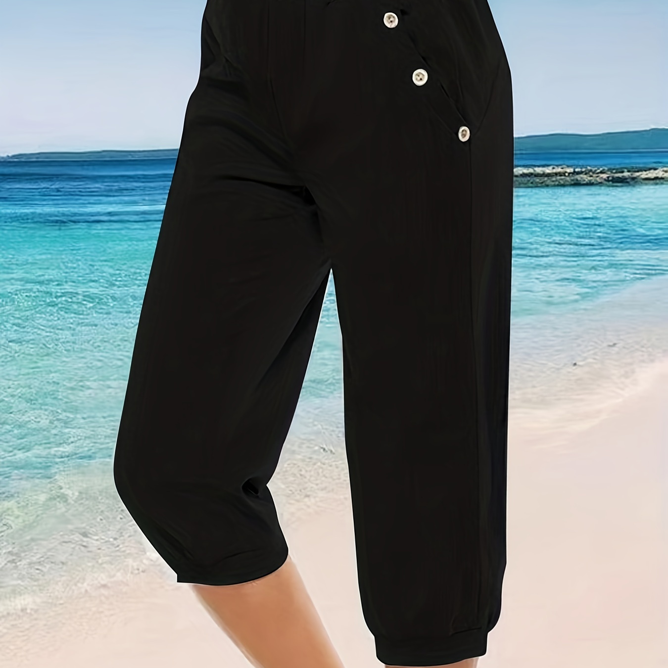 

Solid Button Decor Capris Pants, Vacation Style Comfy High Waist Cropped Pants, Women's Clothing
