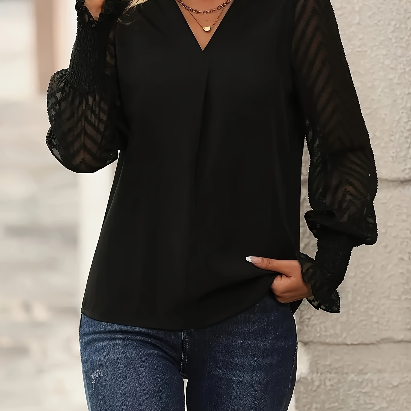 

V Neck Sheer Splicing Blouse, Elegant Long Sleeve Blouse For Spring & Fall, Women's Clothing