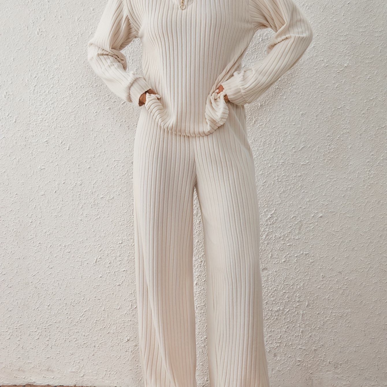 

Elegant Women'/fall Outfit: Chic Half-zip Long Sleeve Top & Wide-leg Pants Set - Stretchy Ribbed Knit, Machine Washable