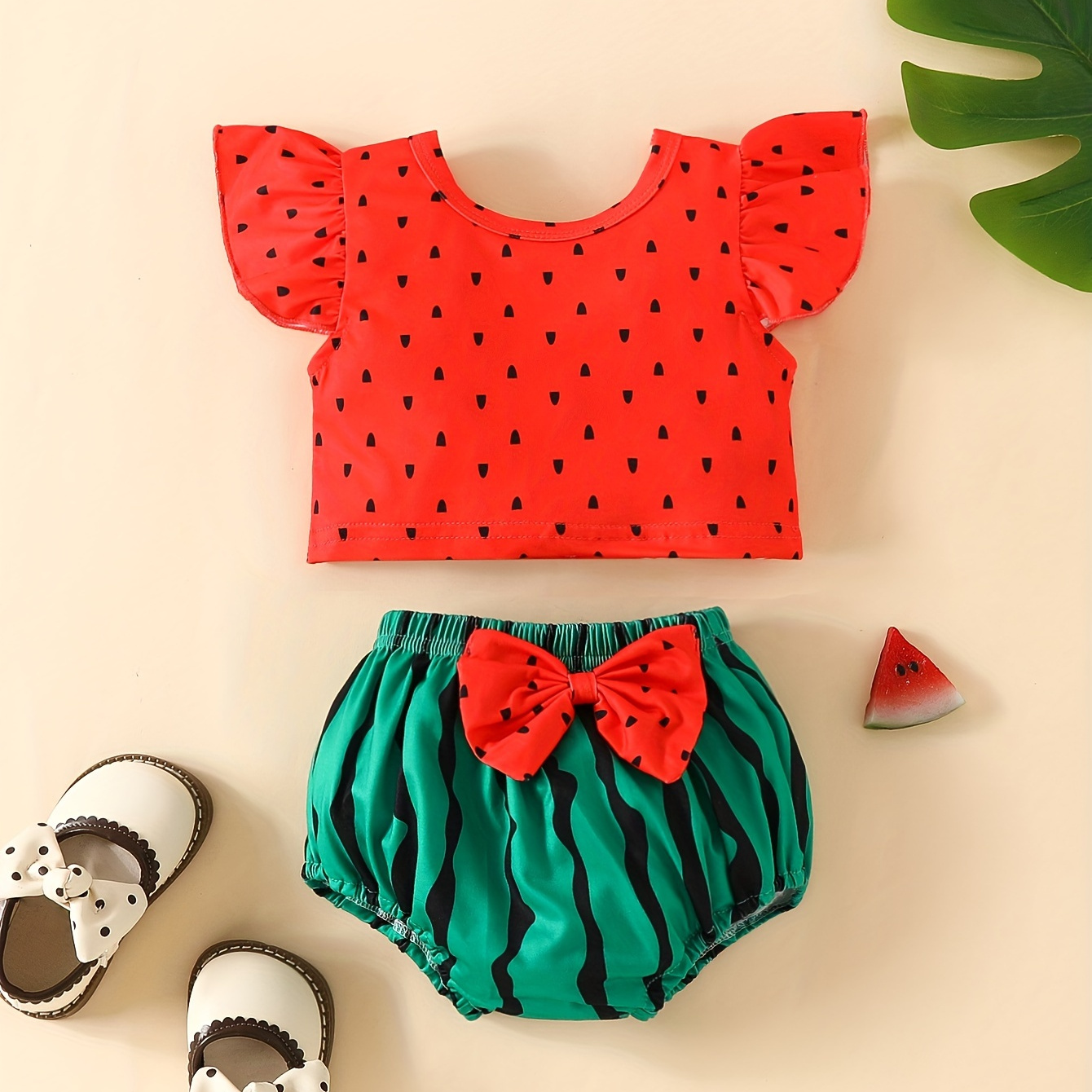 

Baby Girl's Ruffle Sleeves Top + Shorts With Watermelon Print, Newborn's Cute Summer Dress Up