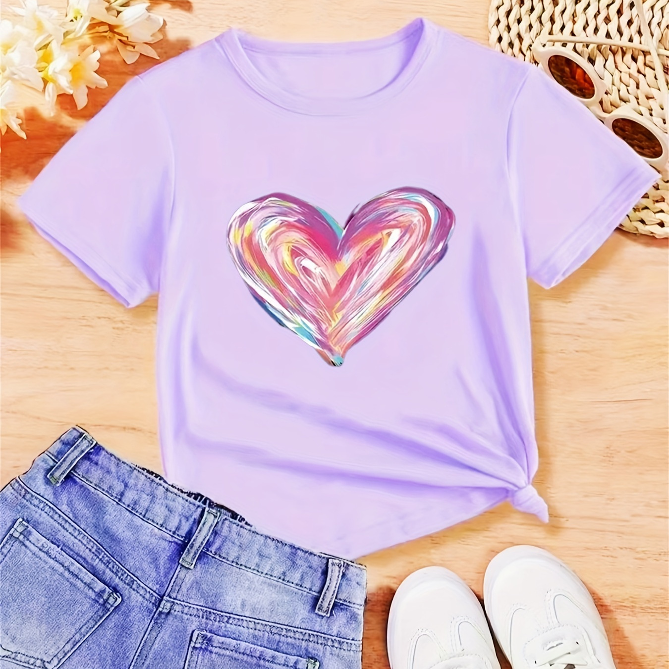 

Magical Heart Design Print, Girl's Casual Comfy Round Neck Short Sleeve T-shirt For Daily And Outdoor Wear