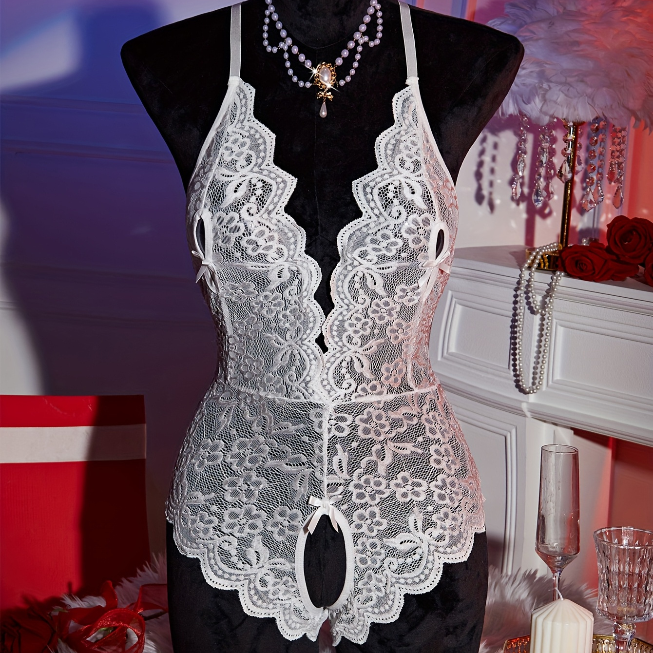 Body Lencería Mujer Cuello En V - Encaje Floral, Malla Transparente, Mono De Peluche, Talla única Elástica