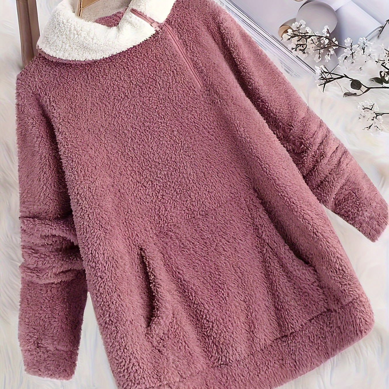 

Chic Fuzzy Zip-up Sweatshirt With Kangaroo Pocket - Casual High Neck, Long Sleeve Pullover For Women