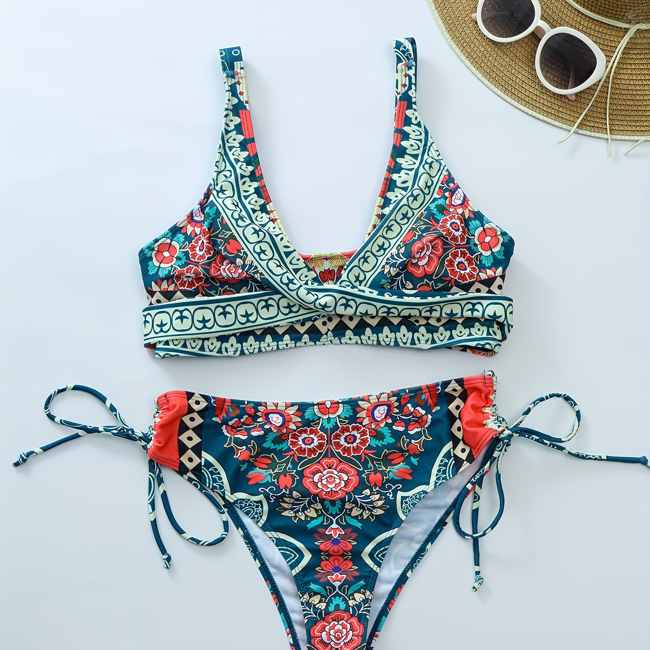 

Tribal Floral Pattern 2 Piece Set Bikini, V Neck Tie Side High Cut Swimsuits, Women's Swimwear & Clothing