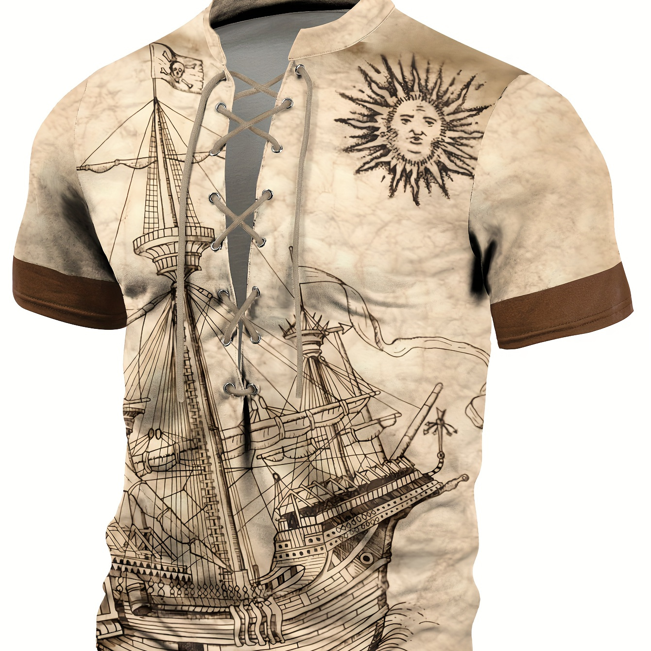 

Sailing Boat Pattern Men's Vintage Short Sleeve Stand Collar Lace-up Henley Shirt, Suit For Summer Holiday