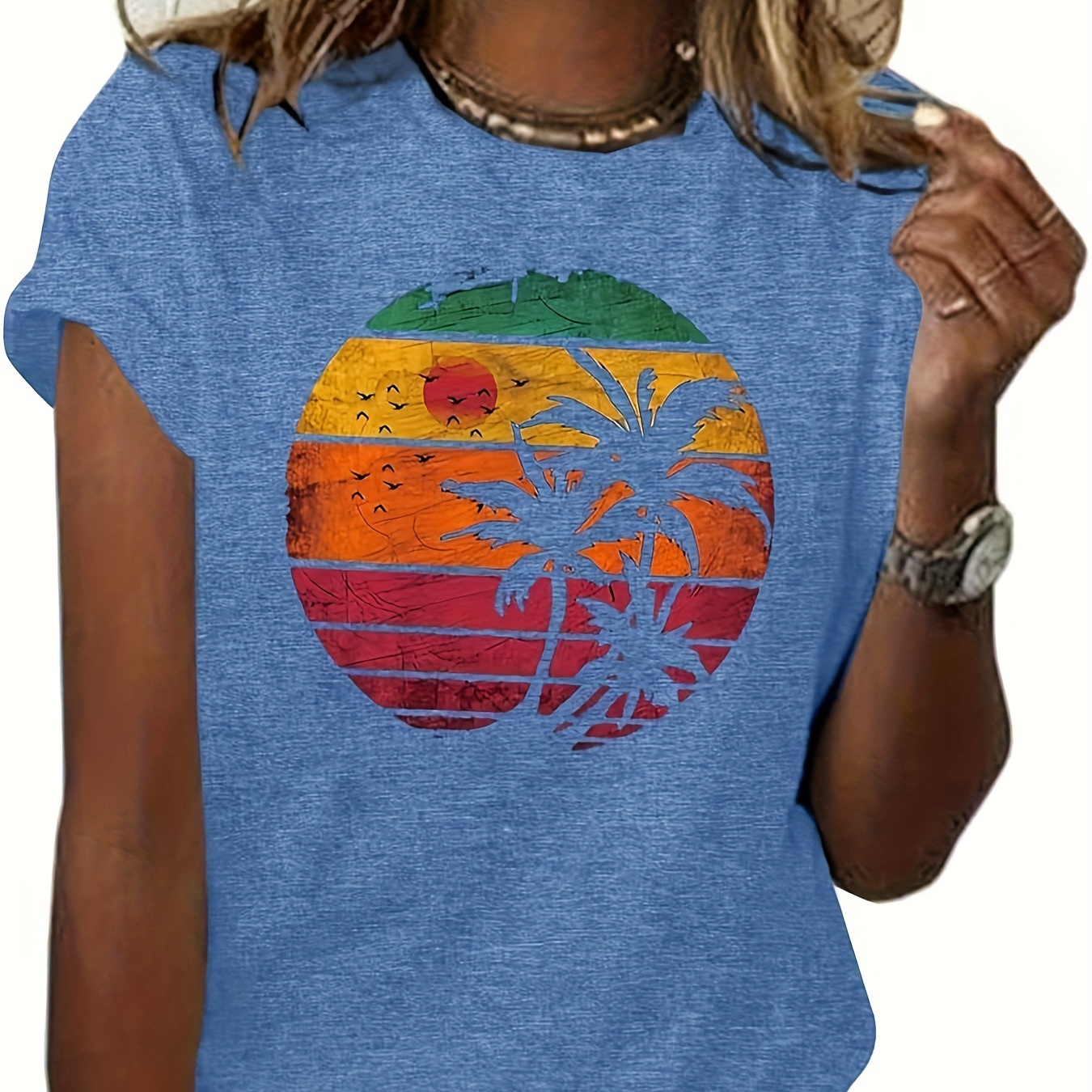 

Coconut Tree & Sun Print Casual T-shirt, Crew Neck Short Sleeve Top For Spring & Summer, Women's Clothing