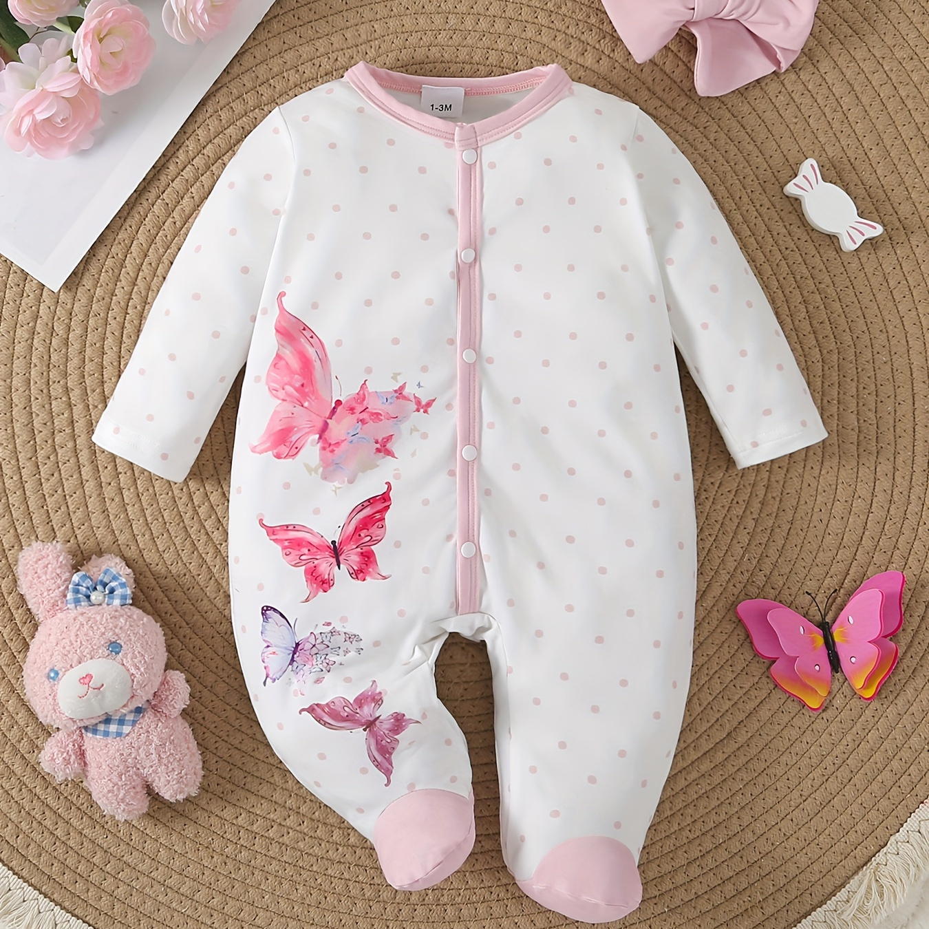

Newborn Baby's Cartoon Butterfly Polka Dots Pattern Long Sleeve Footie, Toddler & Infant Girl's Comfy Footed Romper For Spring Fall