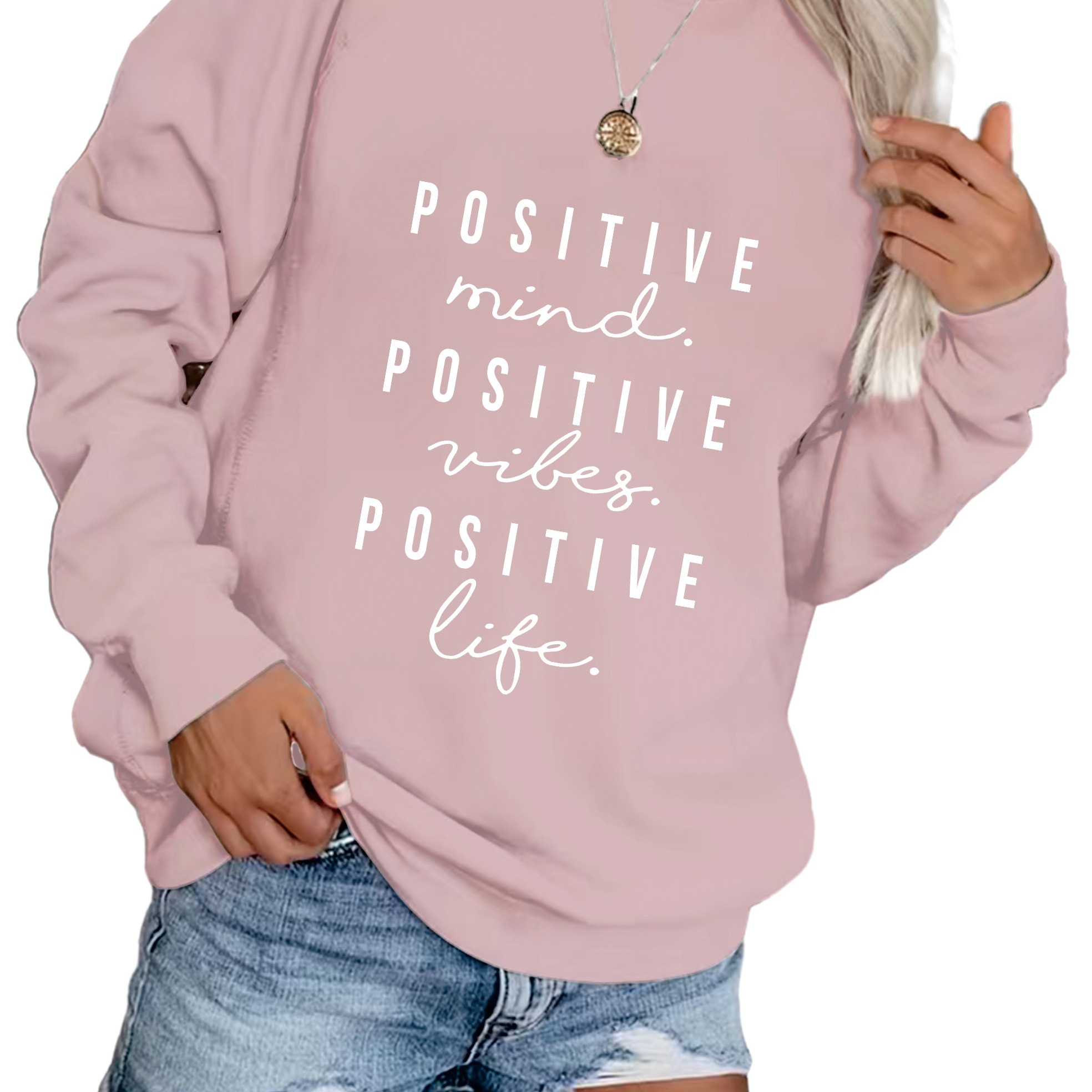 

Plus Size Casual Sweatshirt, Women's Plus Slogan Print Long Sleeve Round Neck Slight Stretch Pullover Sweatshirt, Casual Tops For Fall & Winter, Plus Size Women's Clothing