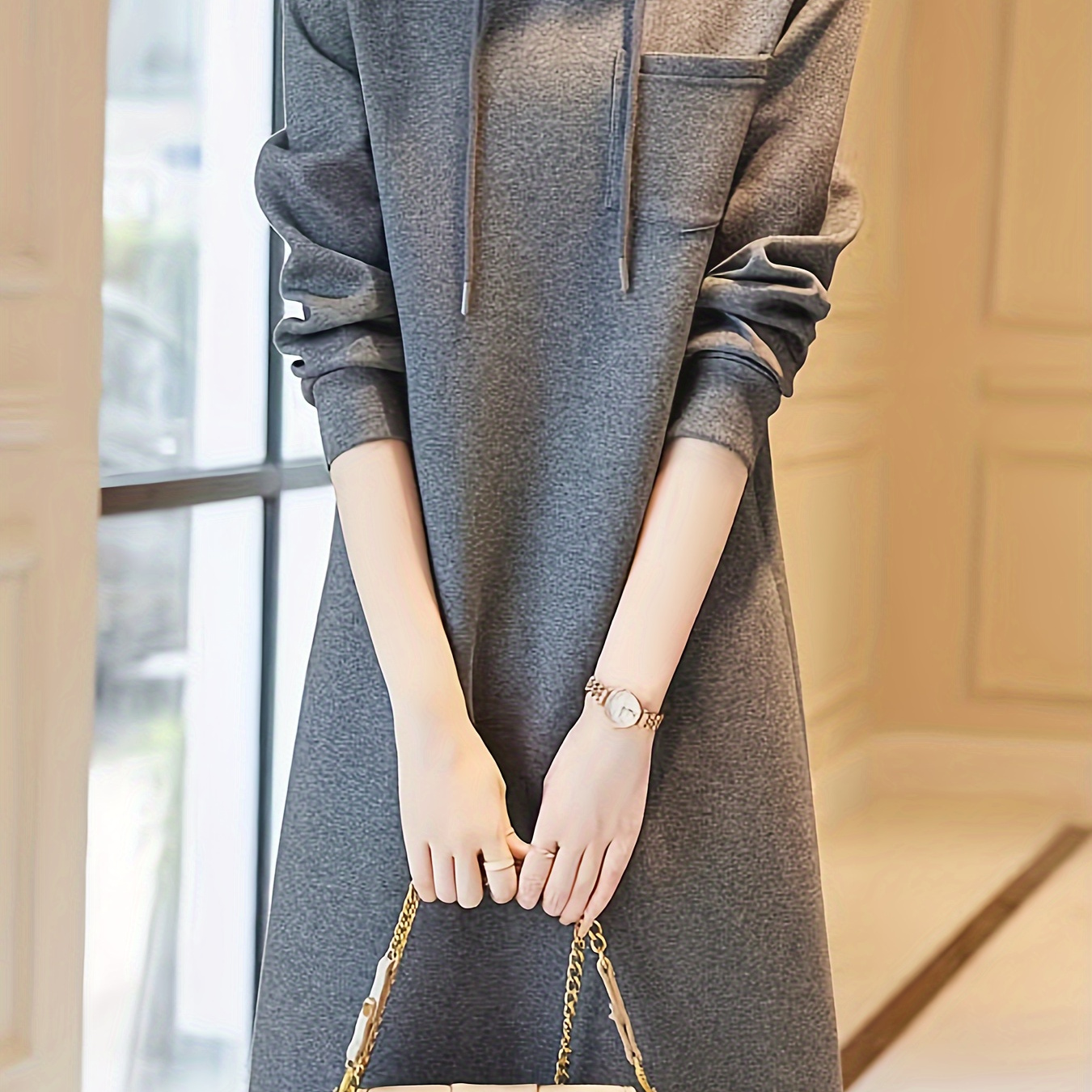 

1pc Women's Casual Long Sleeve Hooded Dress - Solid Color Knit Fabric Crew Neck Sweatshirt For Spring/fall - Fashionable Rayon/viscose Adult Dress