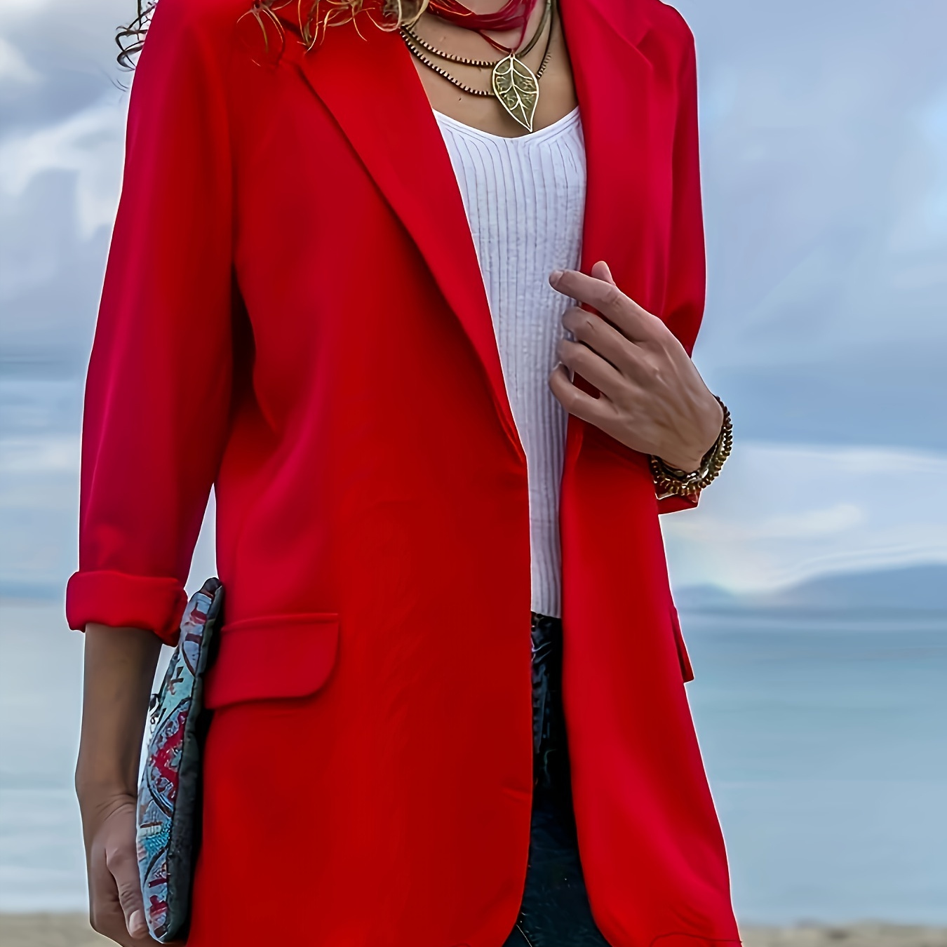 

Plus Size Solid Open Front Blazer, Casual Lapel Long Sleeve Blazer For Spring, Women's Plus Size clothing