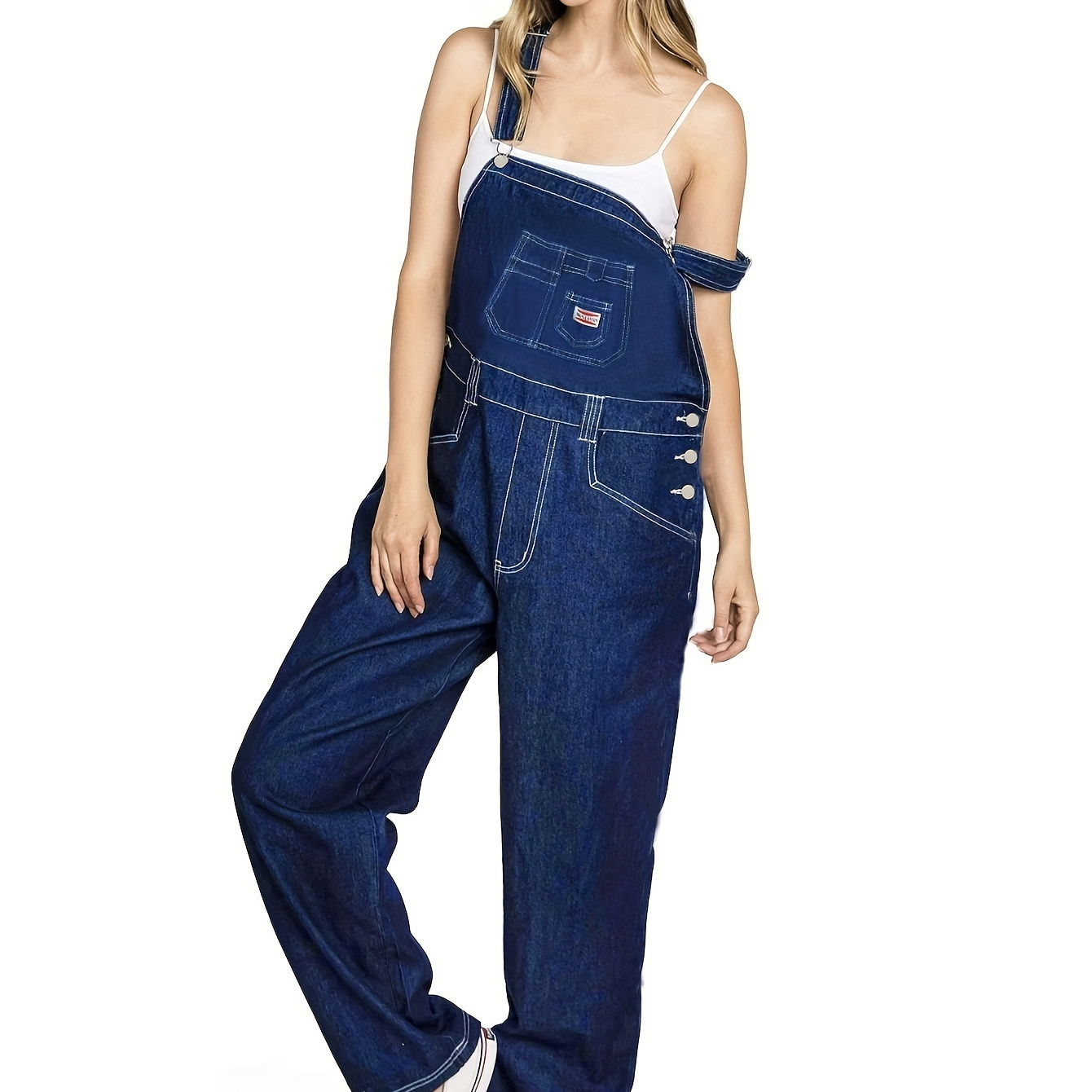 White Adjustable Shoulder Straps Denim Overall Slant Pockets - Temu