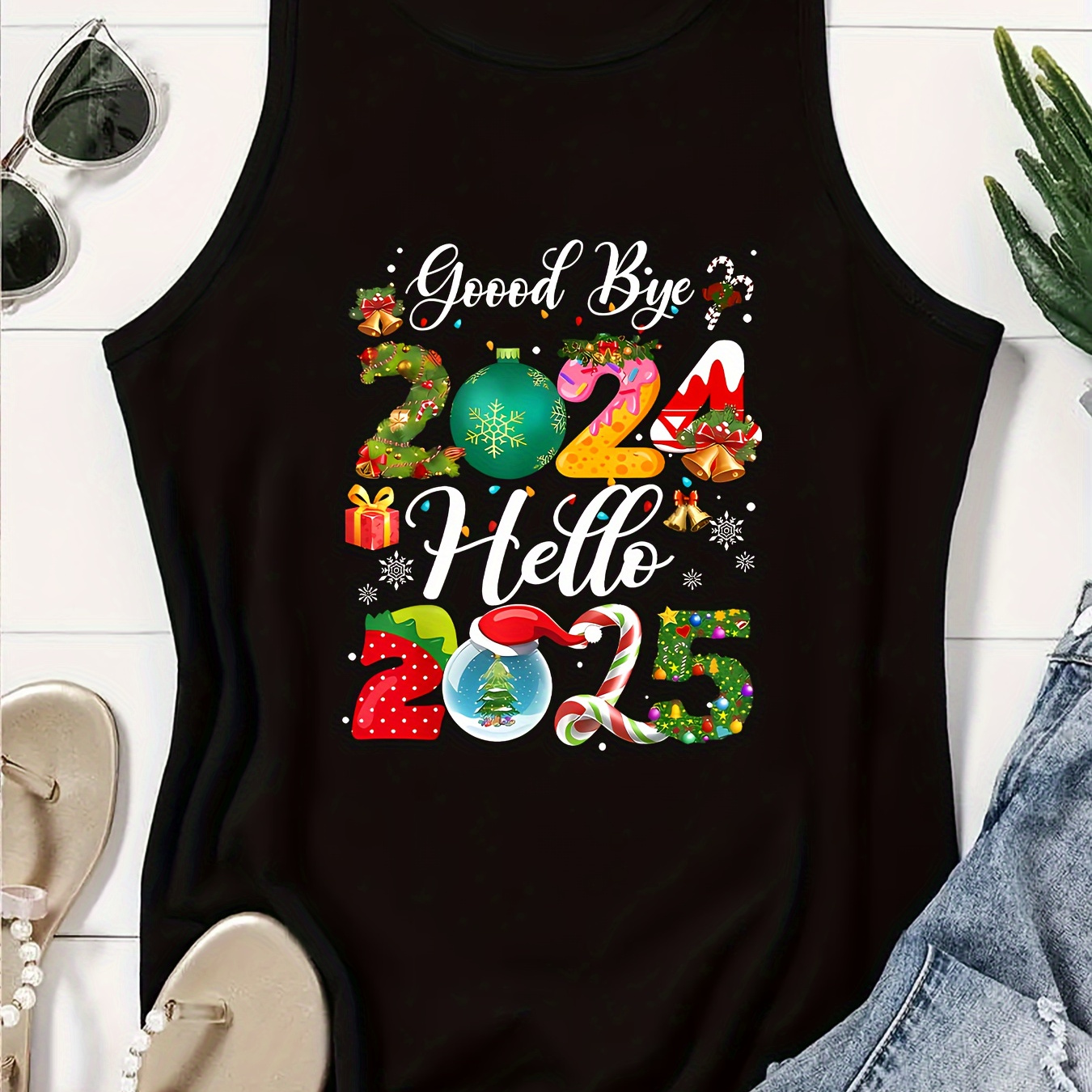 

1pc Women's Christmas Tank Top, " 2024 2025" , , Round , Polyester , , Stretchy , Sportswear, In , , And