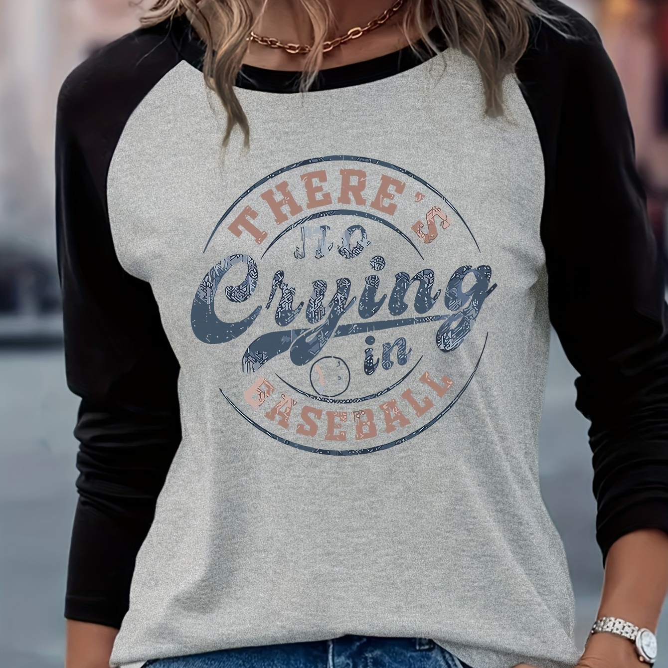 

Women's Casual Long Sleeve T-shirt With Baseball Letter Print - Crew Neck, Stretchy Polyester , Machine Washable