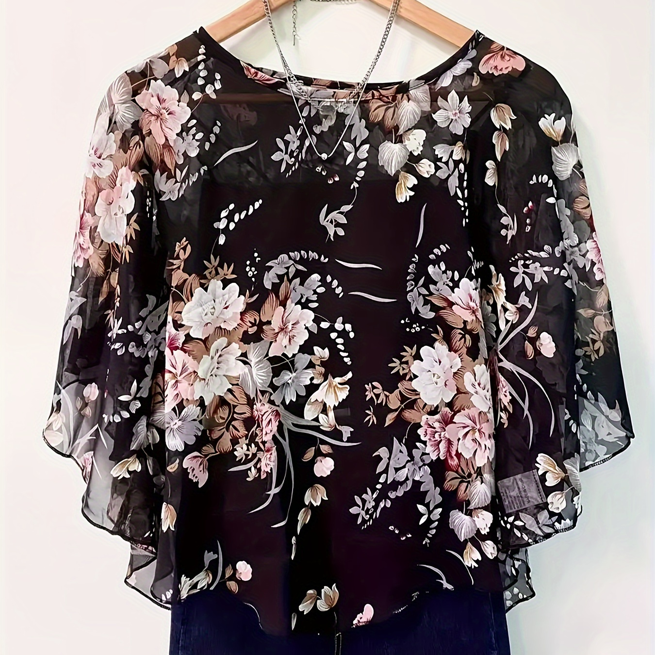 

Plus Size Floral Print Chiffon Shawl Blouse, Elegant Crew Neck Blouse For , Women's Plus Size Clothing