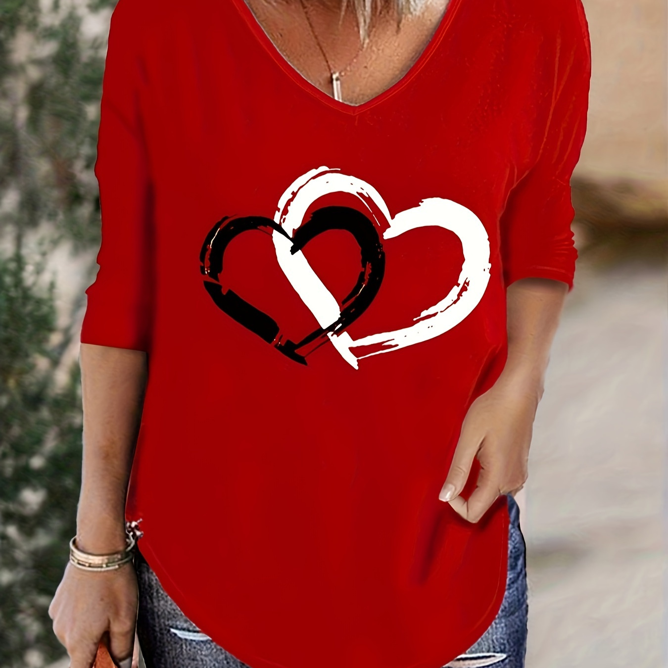 

Size Heart Print T-shirt - Casual V-neck With 3/4 Sleeves, Stretchy & Machine Washable, All