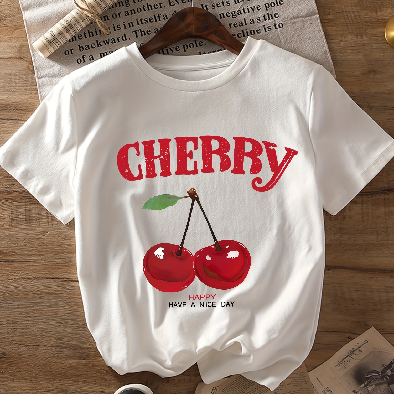 

Cherry Print T-shirt, Short Sleeve Crew Neck Casual Top For Summer & Spring, Women's Clothing