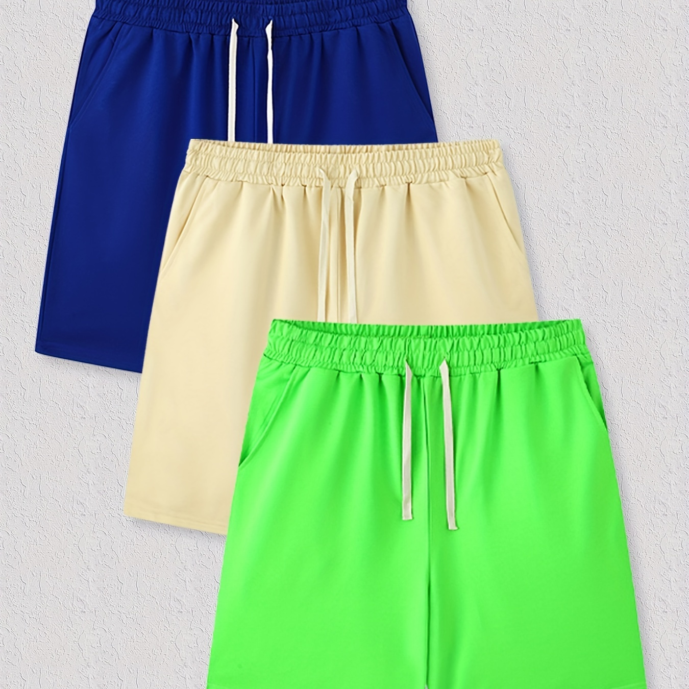 

3pcs Comfy Active Shorts, Men's Casual Solid Color Slant Pocket Stretch Waist Drawstring Shorts For Summer