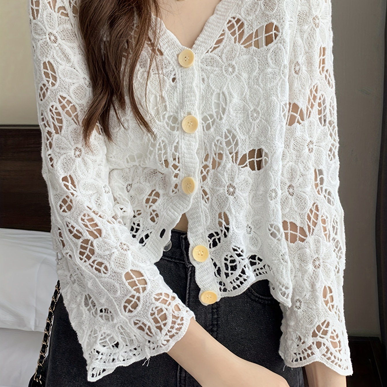 

Floral Pattern Button Front Cardigan, Casual Solid V Neck Long Sleeve Scallop Trim Cardigan For Spring & Fall, Women's Clothing